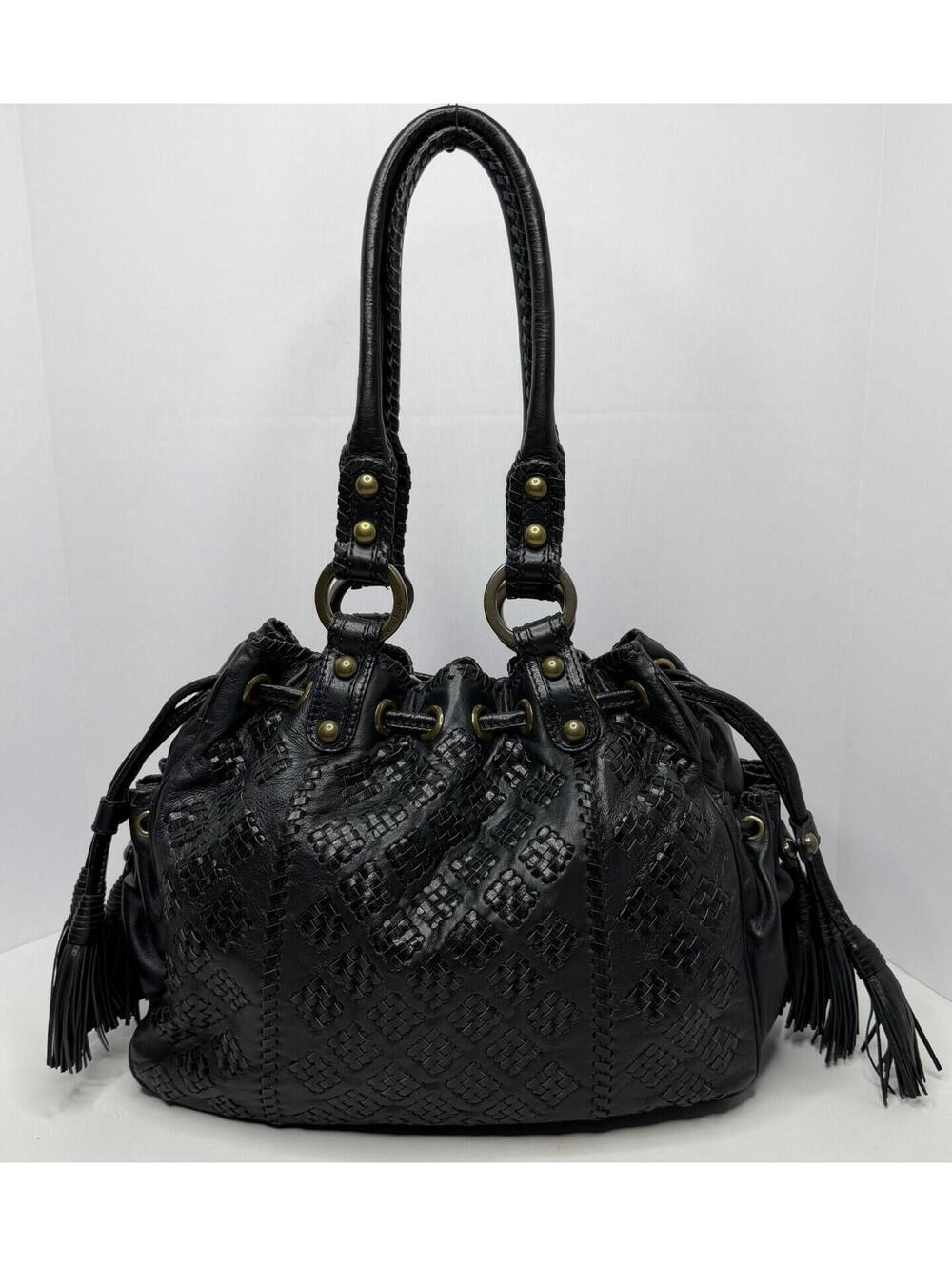 VTG Isabella Fiore Black Braided Leather Tasseled Drawstring Shoulder Tote